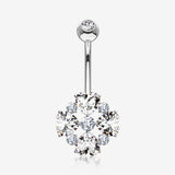 14 Karat White Gold Brilliant Multi Heart Gem Sparkle Floral Belly Button Ring-Clear Gem
