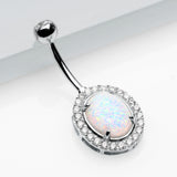 Detail View 2 of 14 Karat White Gold Fire Opal Multi-Gem Sparkle Oval Belly Button Ring-Clear Gem/White Opal