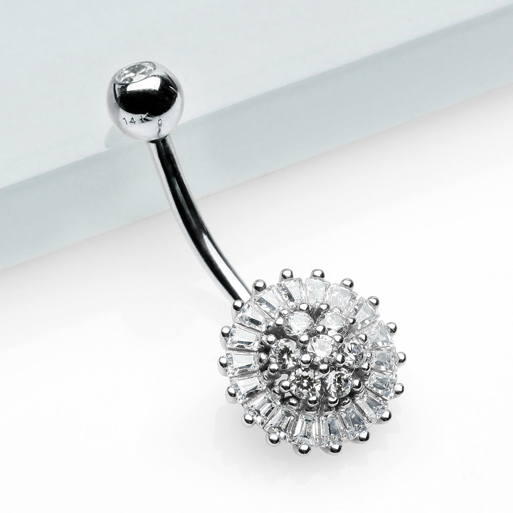 Detail View 2 of 14 Karat White Gold Grand Sparkle Prong Set Flower Belly Button Ring-Clear Gem