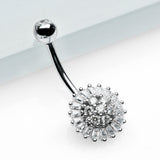 Detail View 2 of 14 Karat White Gold Grand Sparkle Prong Set Flower Belly Button Ring-Clear Gem
