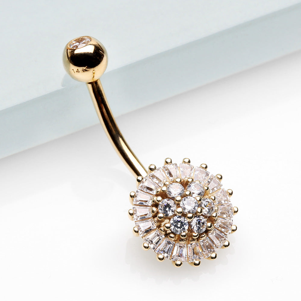 Detail View 2 of 14 Karat Gold Grand Sparkle Prong Set Flower Belly Button Ring-Clear Gem