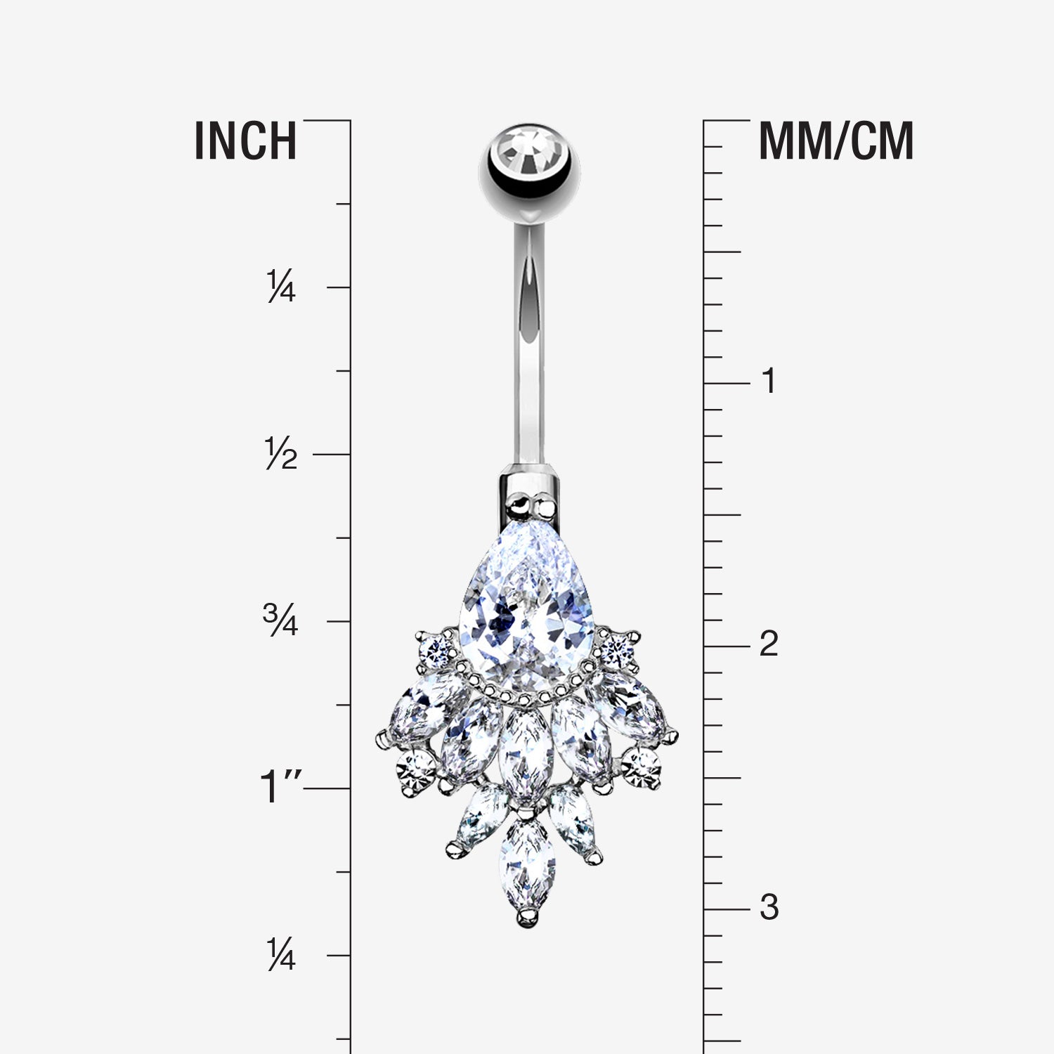 Detail View 1 of 14 Karat White Gold Luscious Floral Sparkle Teardrop Belly Button Ring-Clear Gem