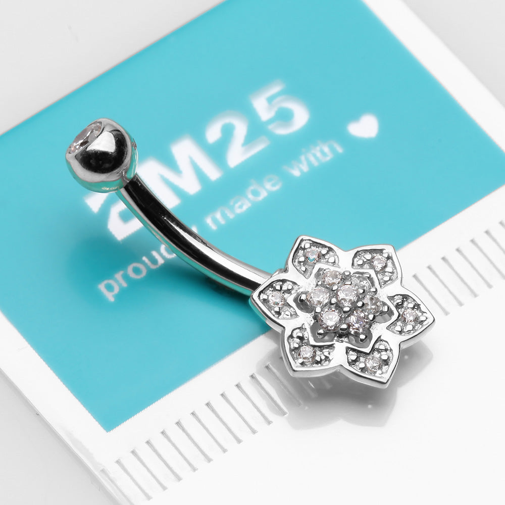 Detail View 3 of 14 Karat White Gold Bali Zen Flower Sparkle Belly Button Ring-Clear Gem