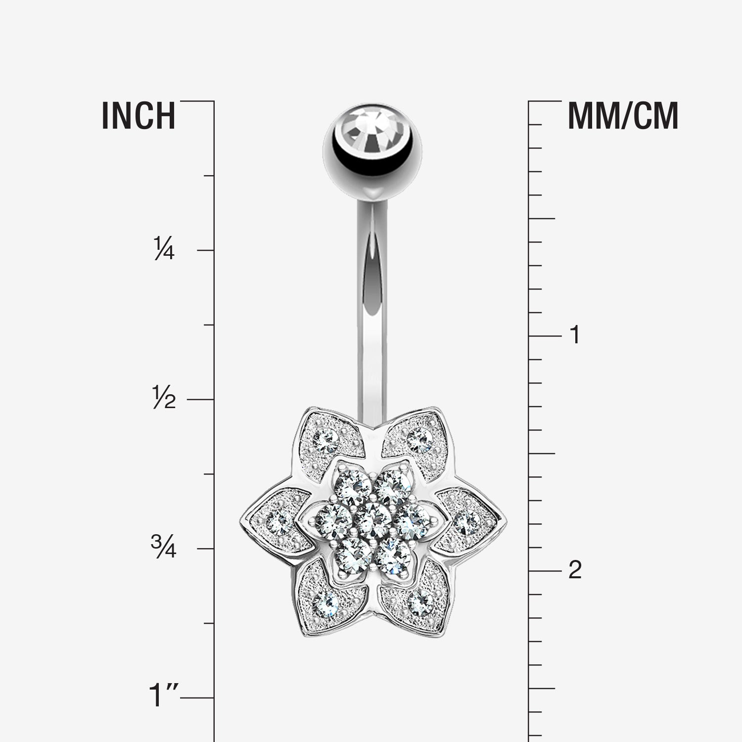 Detail View 1 of 14 Karat White Gold Bali Zen Flower Sparkle Belly Button Ring-Clear Gem