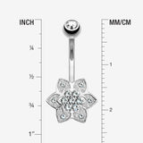 Detail View 1 of 14 Karat White Gold Bali Zen Flower Sparkle Belly Button Ring-Clear Gem