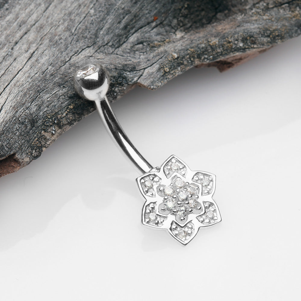 Detail View 2 of 14 Karat White Gold Bali Zen Flower Sparkle Belly Button Ring-Clear Gem