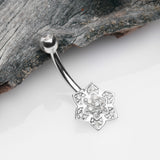 Detail View 2 of 14 Karat White Gold Bali Zen Flower Sparkle Belly Button Ring-Clear Gem