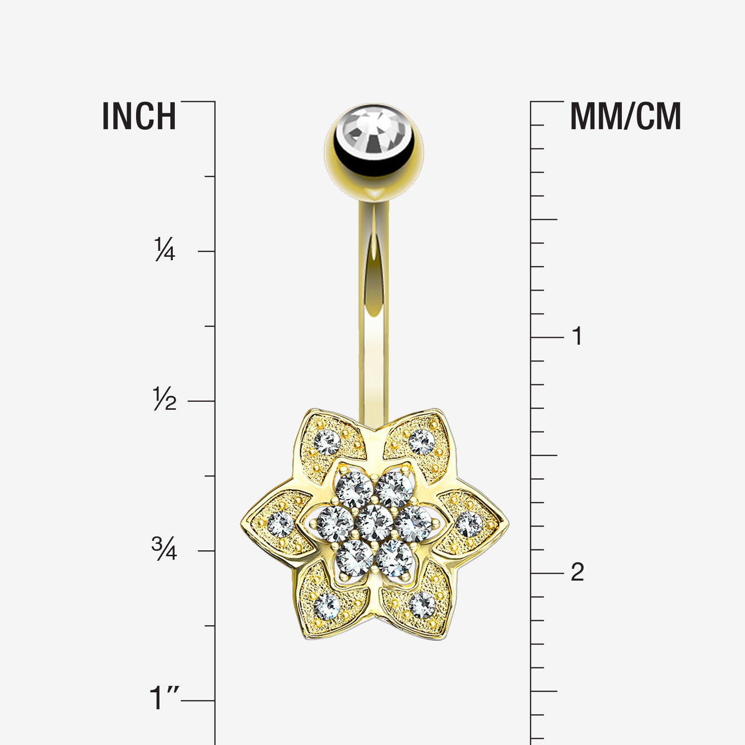Detail View 1 of 14 Karat Gold Bali Zen Flower Sparkle Belly Button Ring-Clear Gem