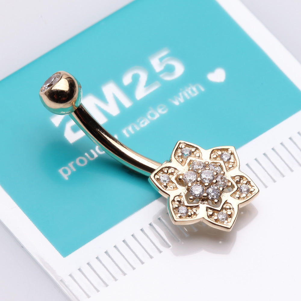 Detail View 3 of 14 Karat Gold Bali Zen Flower Sparkle Belly Button Ring-Clear Gem