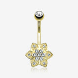 14 Karat Gold Bali Zen Flower Sparkle Belly Button Ring