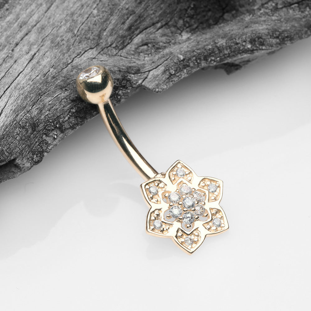 Detail View 2 of 14 Karat Gold Bali Zen Flower Sparkle Belly Button Ring-Clear Gem