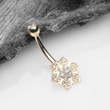 Detail View 2 of 14 Karat Gold Bali Zen Flower Sparkle Belly Button Ring-Clear Gem