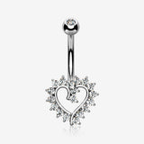14 Karat White Gold Hollow Heart Floret Sparkle Belly Button Ring-Clear Gem