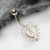 Detail View 2 of 14 Karat Gold Hollow Heart Floret Sparkle Belly Button Ring-Clear Gem
