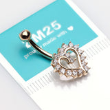 Detail View 3 of 14 Karat Gold Hollow Heart Floret Sparkle Belly Button Ring-Clear Gem