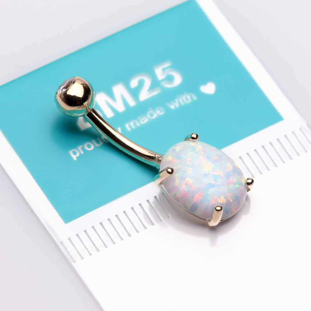 Detail View 3 of 14 Karat Gold Prong Set Fire Opal Sparkle Belly Button Ring-White Opal