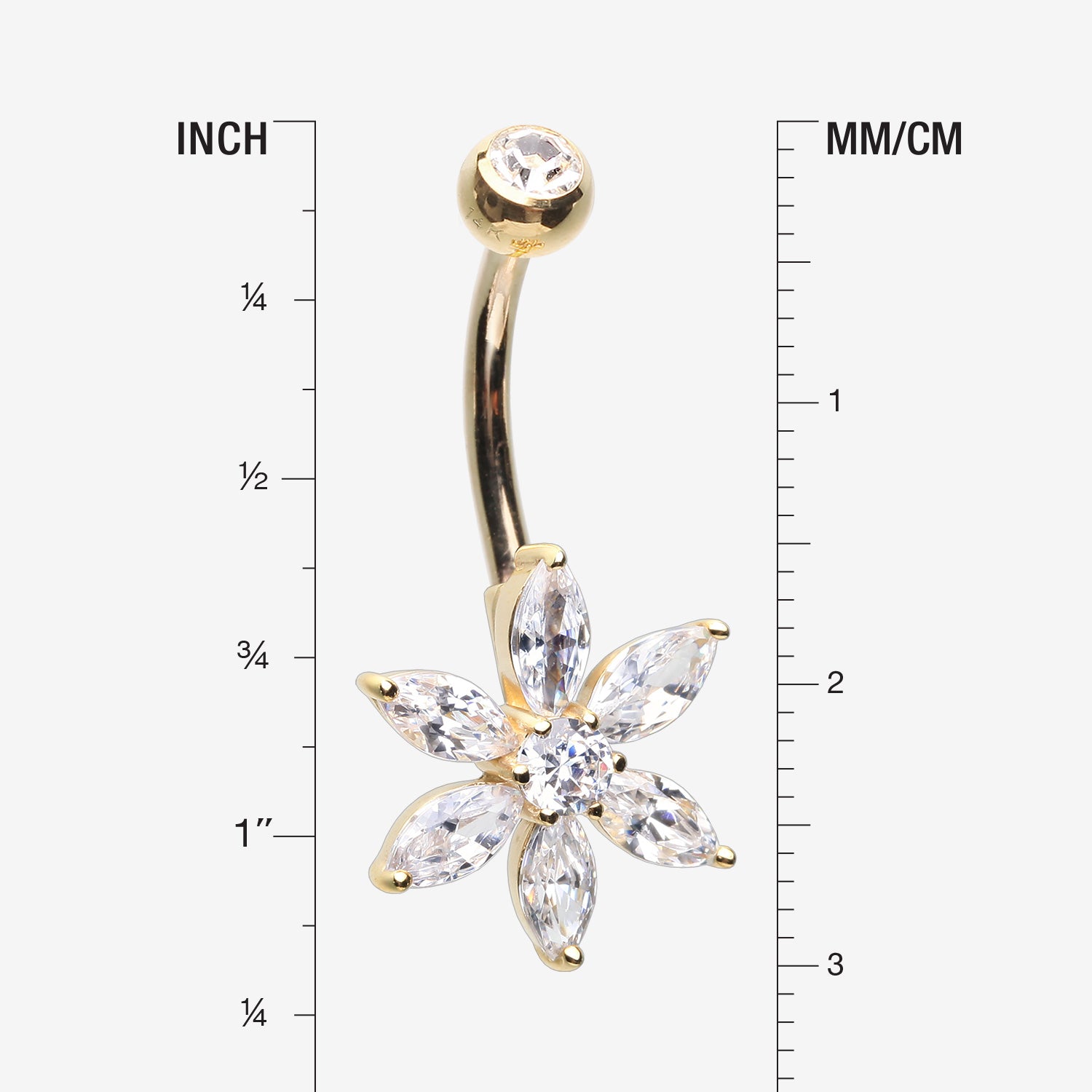 Detail View 1 of 14 Karat Gold Marquise Cut Sparkle Prong Set Flower Belly Button Ring-Clear Gem