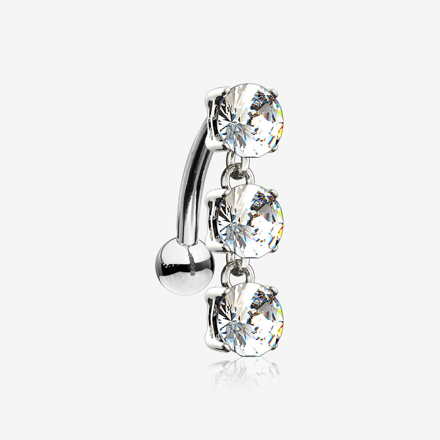 14 Karat White Gold Brilliant Triple Dangle Sparkle Top-Down Reverse Belly Button Ring-Clear Gem