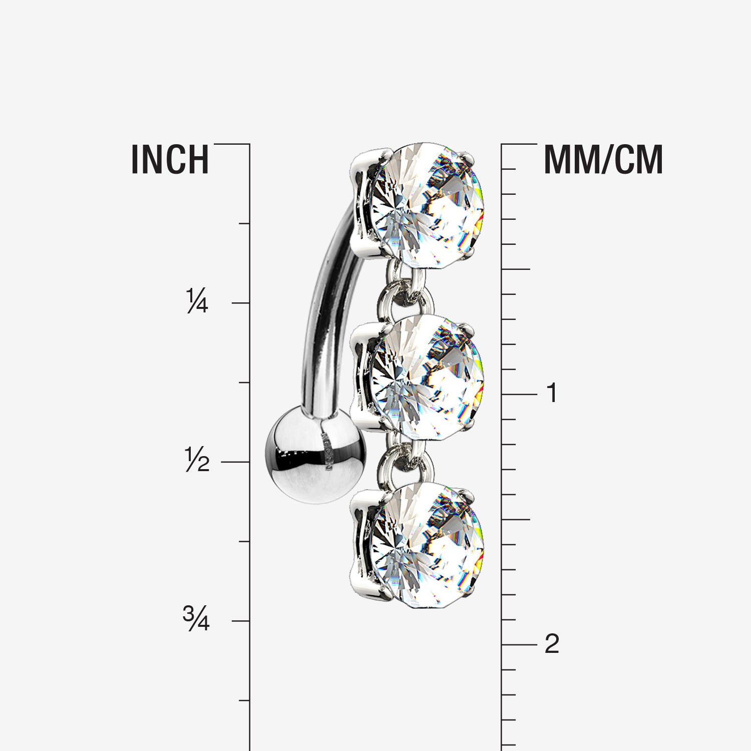 Detail View 1 of 14 Karat White Gold Brilliant Triple Dangle Sparkle Top-Down Reverse Belly Button Ring-Clear Gem