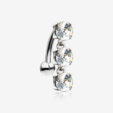 14 Karat White Gold Brilliant Triple Dangle Sparkle Top-Down Reverse Belly Button Ring-Clear Gem