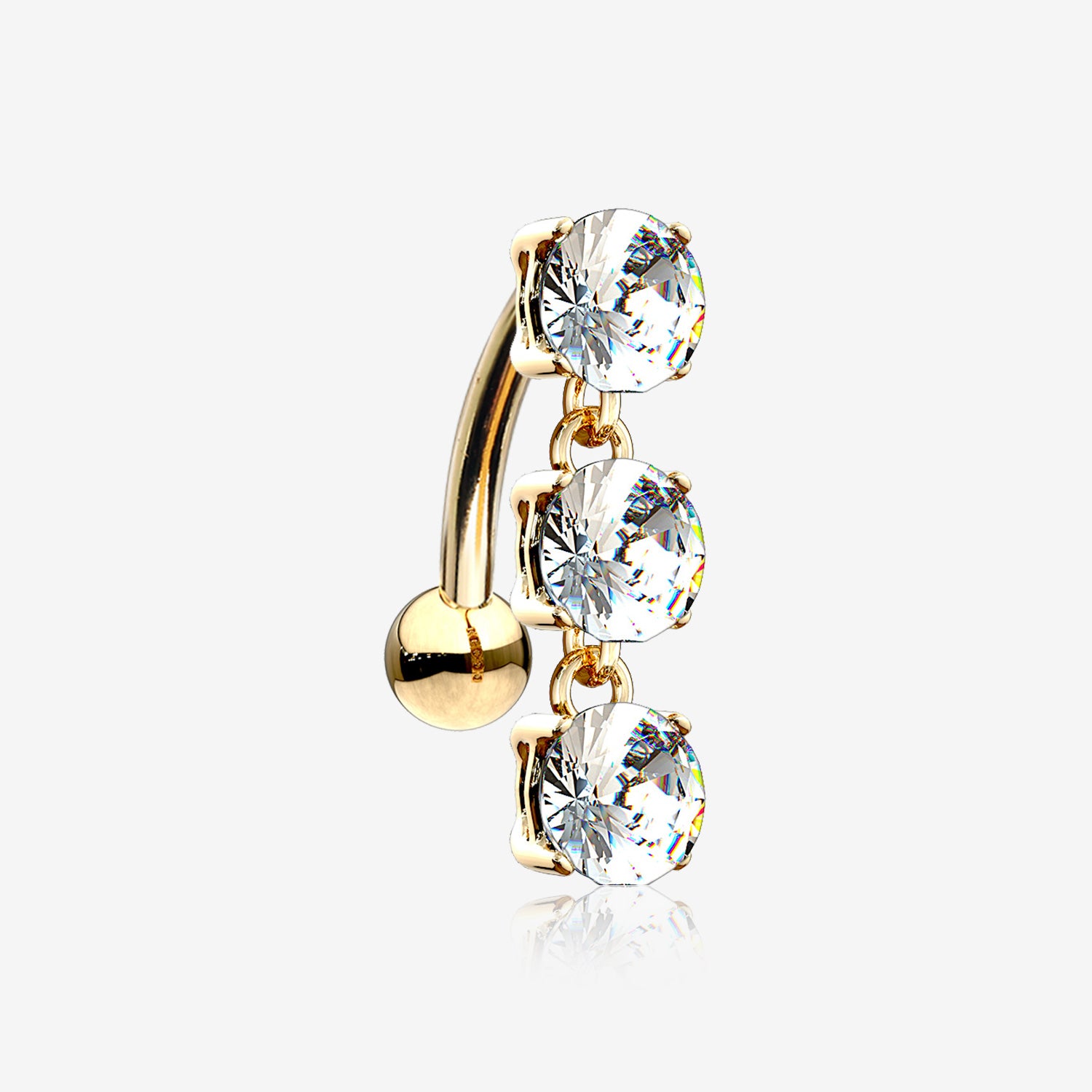14 Karat Gold Brilliant Triple Dangle Sparkle Top-Down Reverse Belly Button Ring-Clear Gem