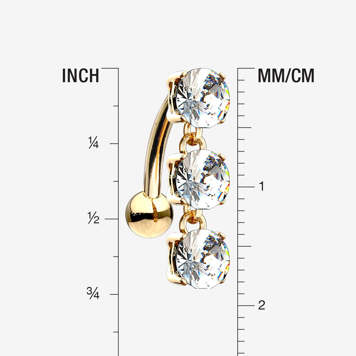 Detail View 1 of 14 Karat Gold Brilliant Triple Dangle Sparkle Top-Down Reverse Belly Button Ring-Clear Gem