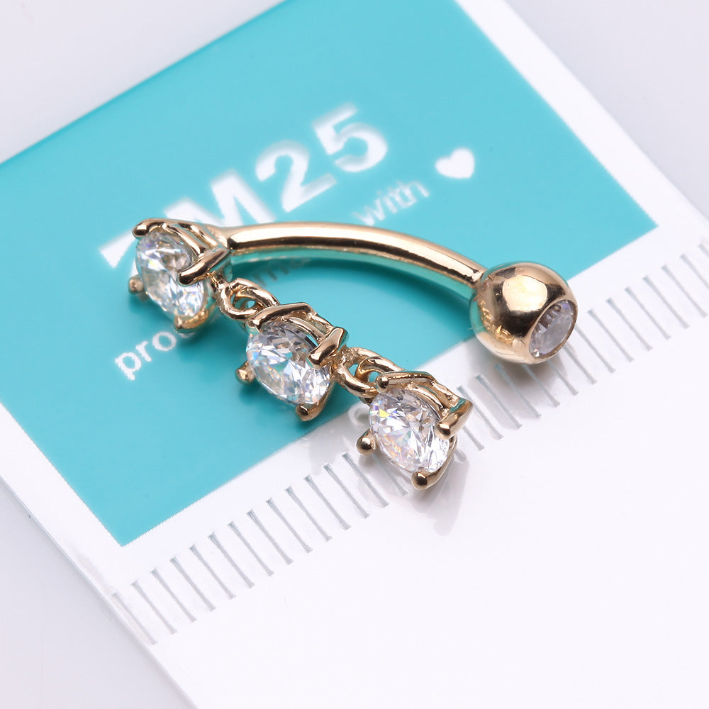 Detail View 3 of 14 Karat Gold Brilliant Triple Dangle Sparkle Top-Down Reverse Belly Button Ring-Clear Gem