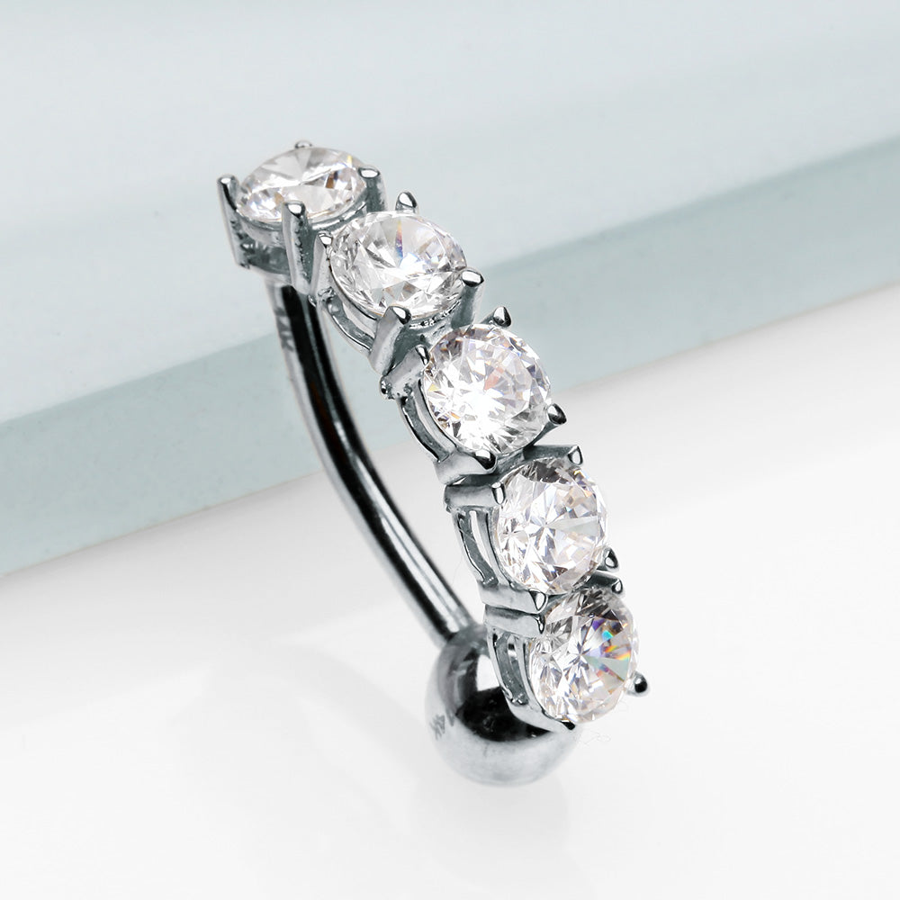 Detail View 2 of 14 Karat White Gold Classic Vertical Sparkle Reverse Belly Button Ring-Clear Gem