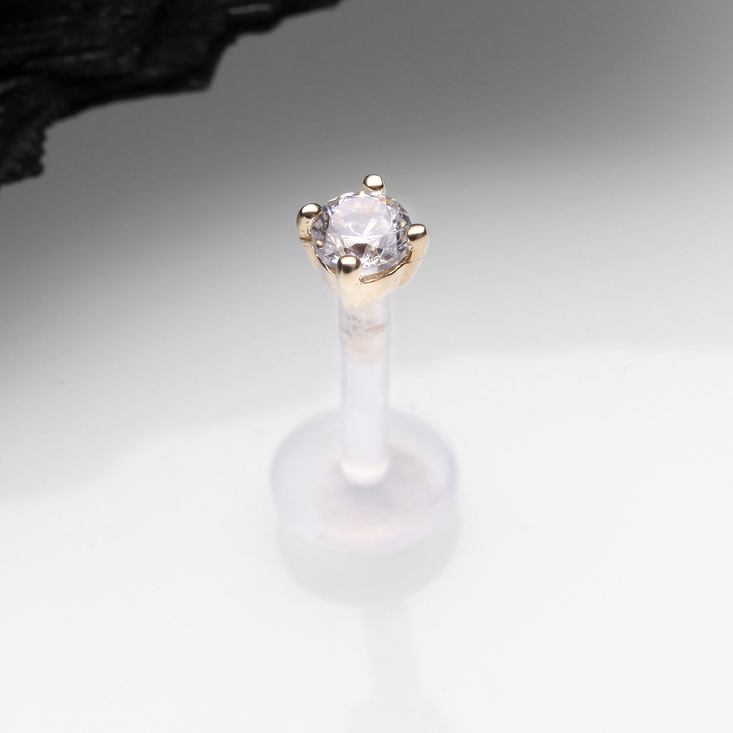 Detail View 1 of 14 Karat Gold Push-In Prong Set Round Gem Top Bio-Flex Labret-Clear Gem