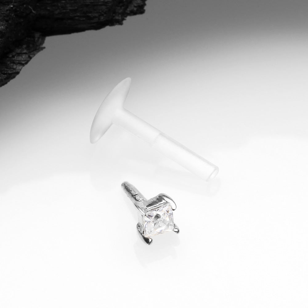 Detail View 2 of 14 Karat White Gold Push-In Prong Set Princess Cut Square Gem Top Bio-Flex Labret-Clear Gem