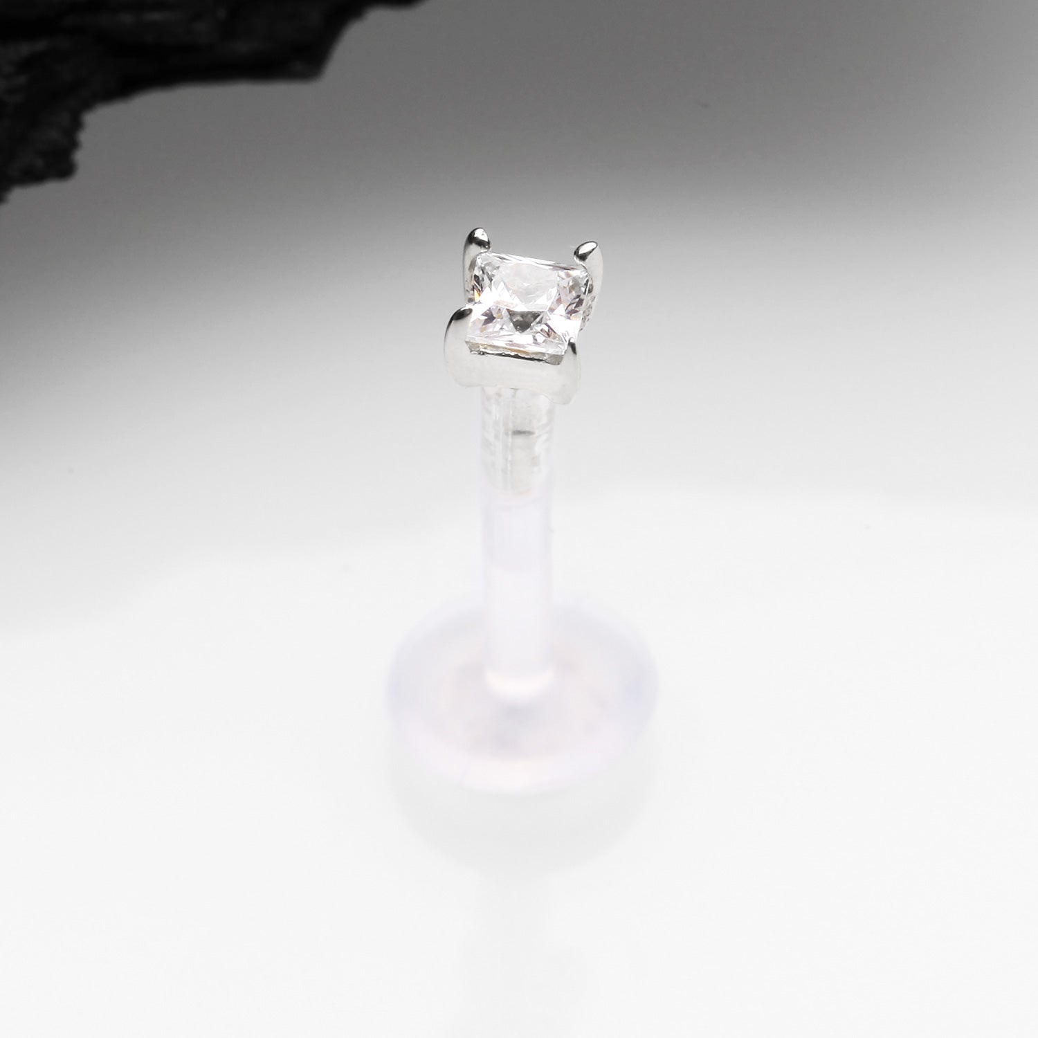 Detail View 1 of 14 Karat White Gold Push-In Prong Set Princess Cut Square Gem Top Bio-Flex Labret-Clear Gem