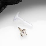 Detail View 2 of 14 Karat Gold Push-In Prong Set Princess Cut Square Gem Top Bio-Flex Labret-Clear Gem