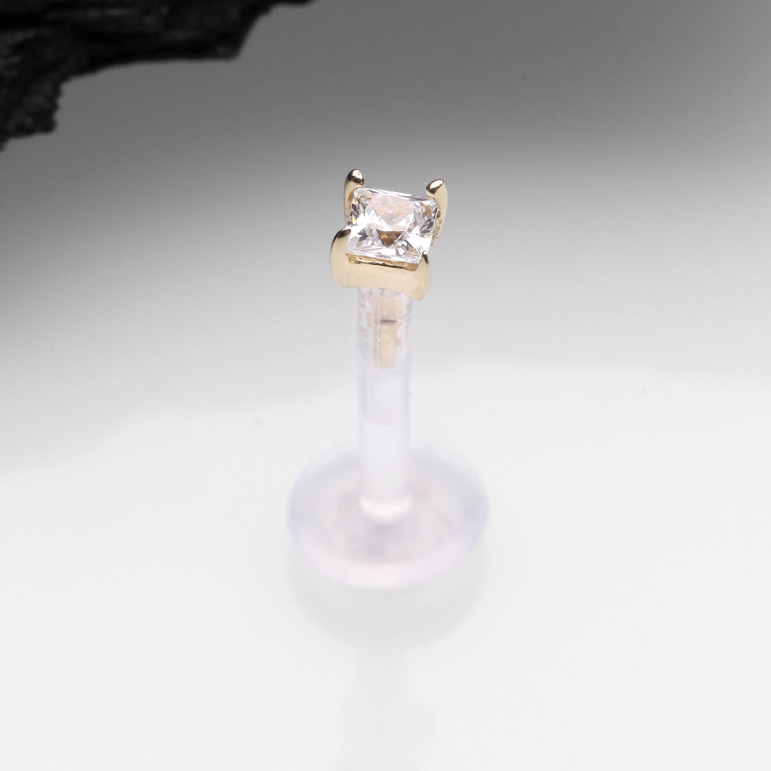 Detail View 1 of 14 Karat Gold Push-In Prong Set Princess Cut Square Gem Top Bio-Flex Labret-Clear Gem