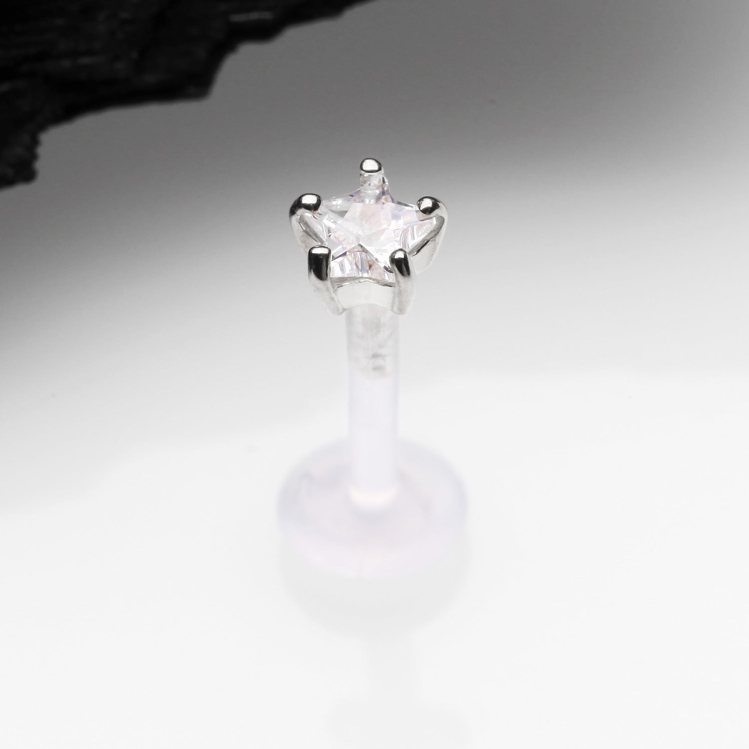 Detail View 1 of 14 Karat White Gold Push-In Prong Set Star Gem Top Bio-Flex Labret-Clear Gem
