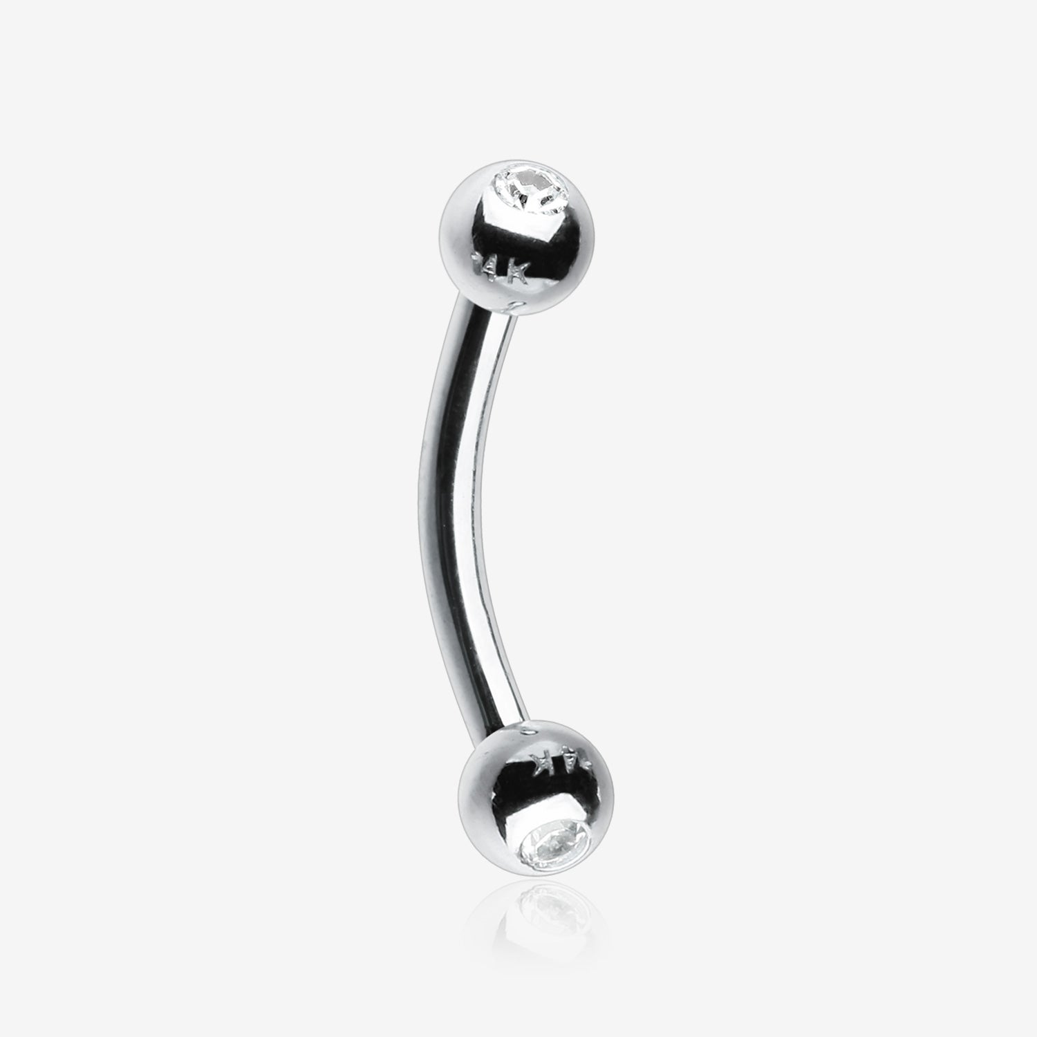 14 Karat White Gold Gem Ball Ends Curved Barbell-Clear Gem