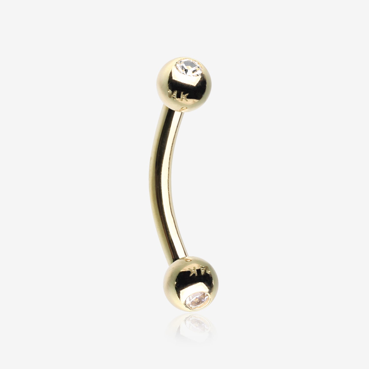 14 Karat Gold Gem Ball Ends Curved Barbell-Clear Gem