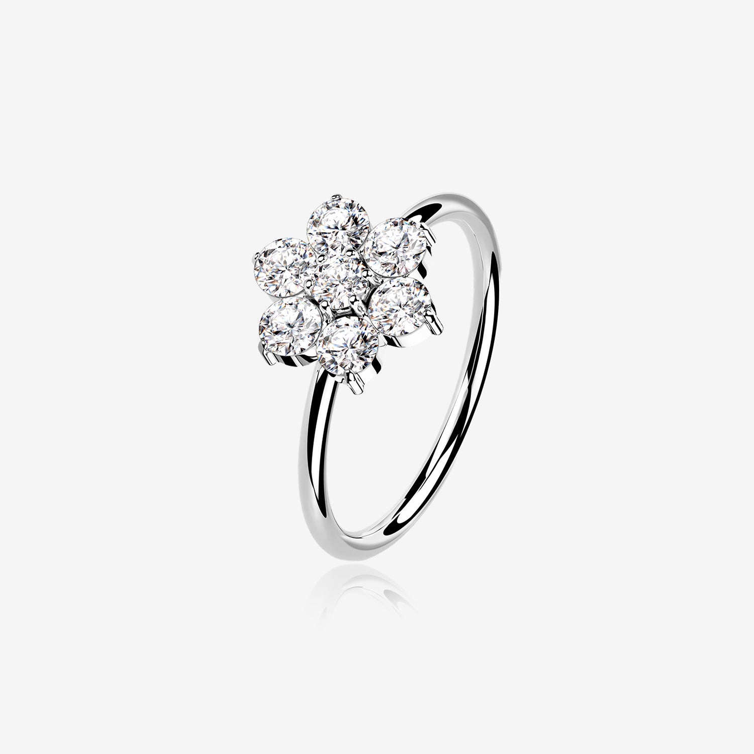 14 Karat White Gold Brilliant Sparkle Spring Flower Bendable Hoop Ring-Clear Gem