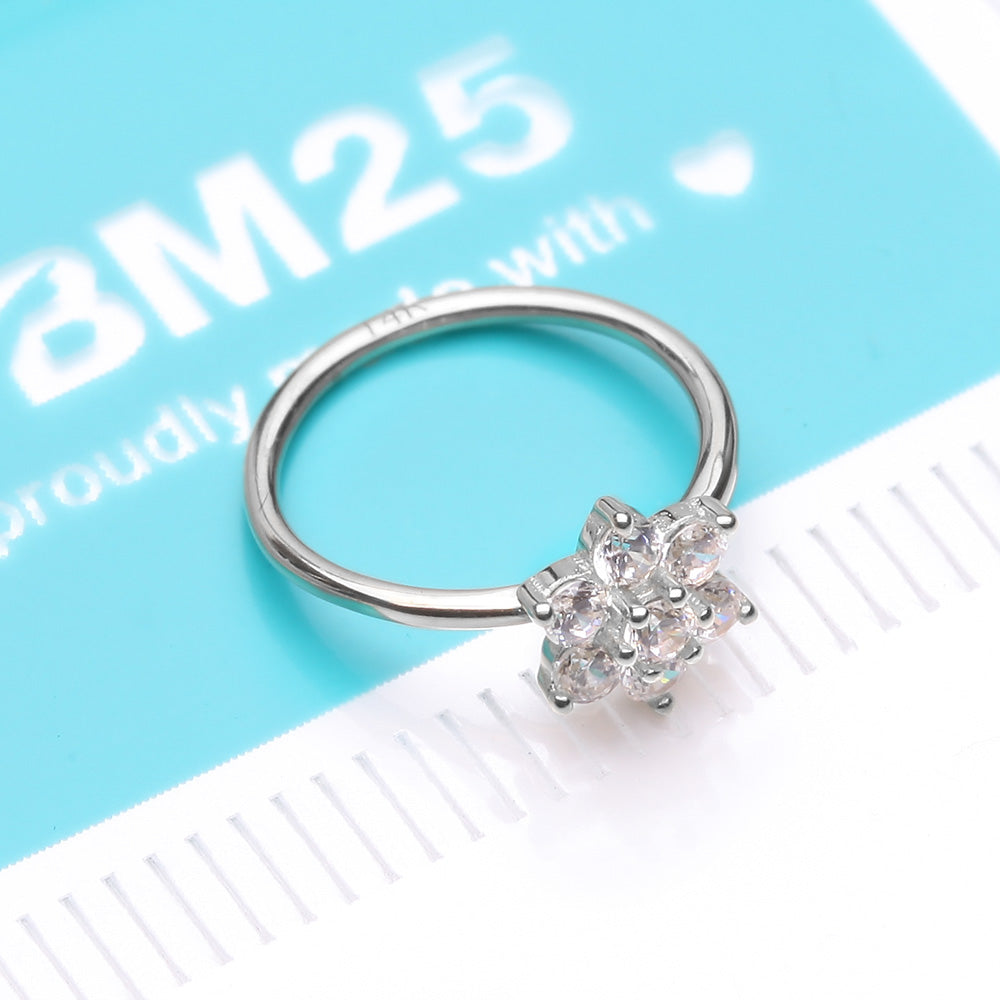 Detail View 4 of 14 Karat White Gold Brilliant Sparkle Spring Flower Bendable Hoop Ring-Clear Gem