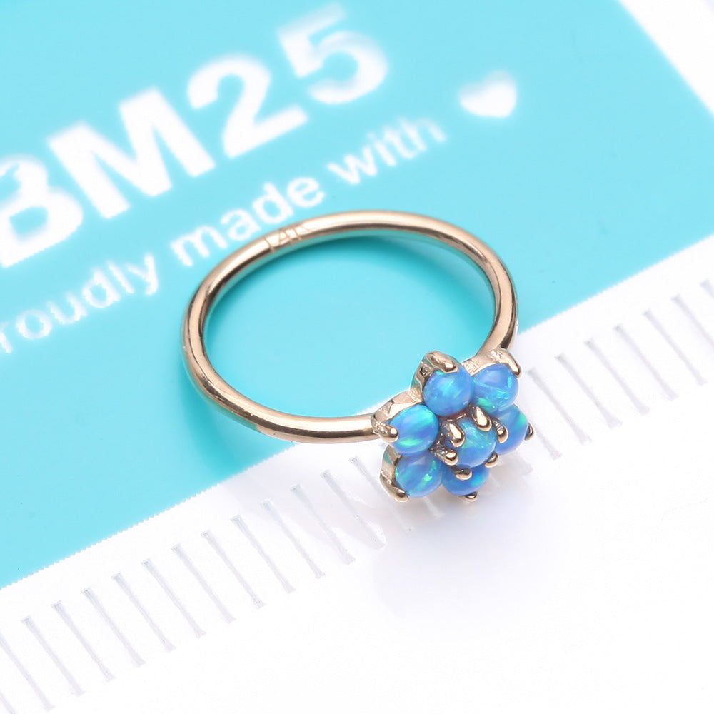 Detail View 4 of 14 Karat Gold Brilliant Fire Opal Spring Flower Bendable Hoop Ring-Blue Opal