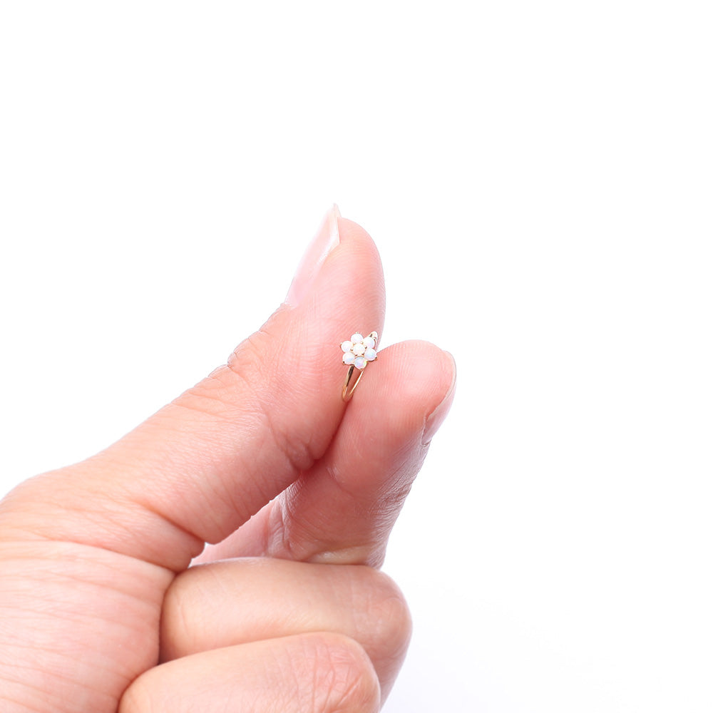 Detail View 2 of 14 Karat Gold Brilliant Fire Opal Spring Flower Bendable Hoop Ring-White Opal