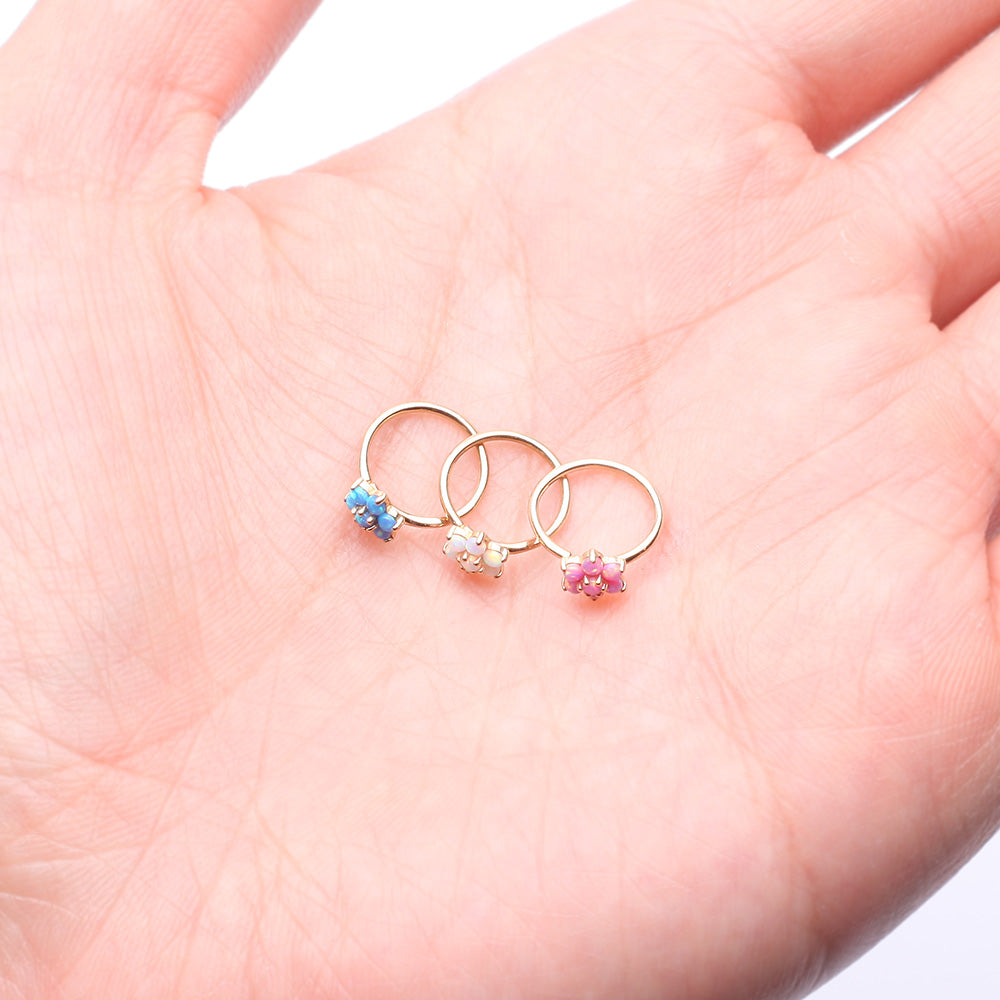 Detail View 3 of 14 Karat Gold Brilliant Fire Opal Spring Flower Bendable Hoop Ring-White Opal