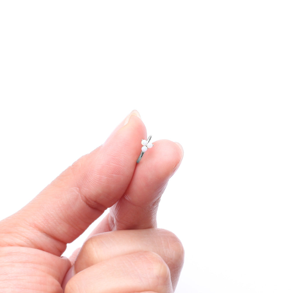 Detail View 2 of 14 Karat White Gold Brilliant Trinity Fire Opal Sparkle Bendable Hoop Ring-White Opal