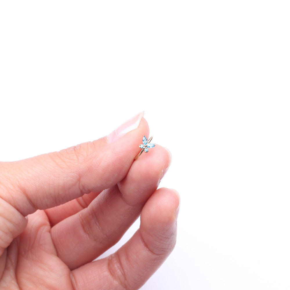 Detail View 2 of 14 Karat Gold Brilliant Sparkle Dainty Butterfly Bendable Hoop Ring-Aqua