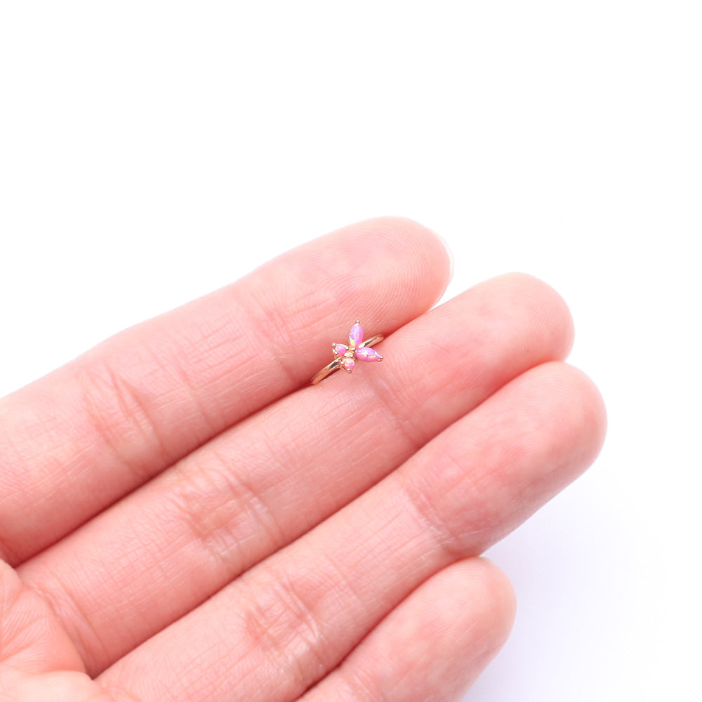 Detail View 2 of 14 Karat Gold Brilliant Fire Opal Dainty Butterfly Bendable Hoop Ring-Pink Opal