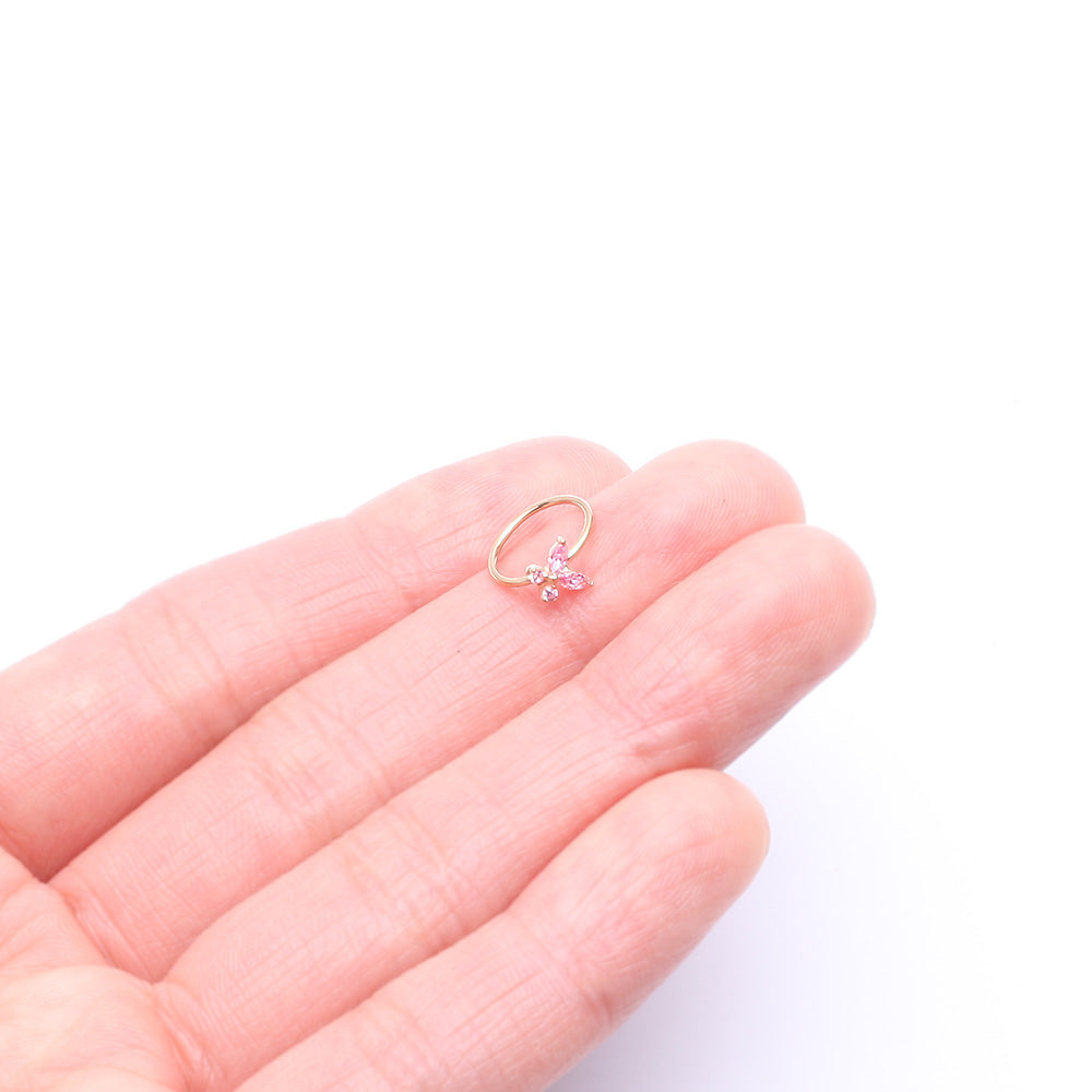 Detail View 2 of 14 Karat Gold Brilliant Sparkle Dainty Butterfly Bendable Hoop Ring-Pink