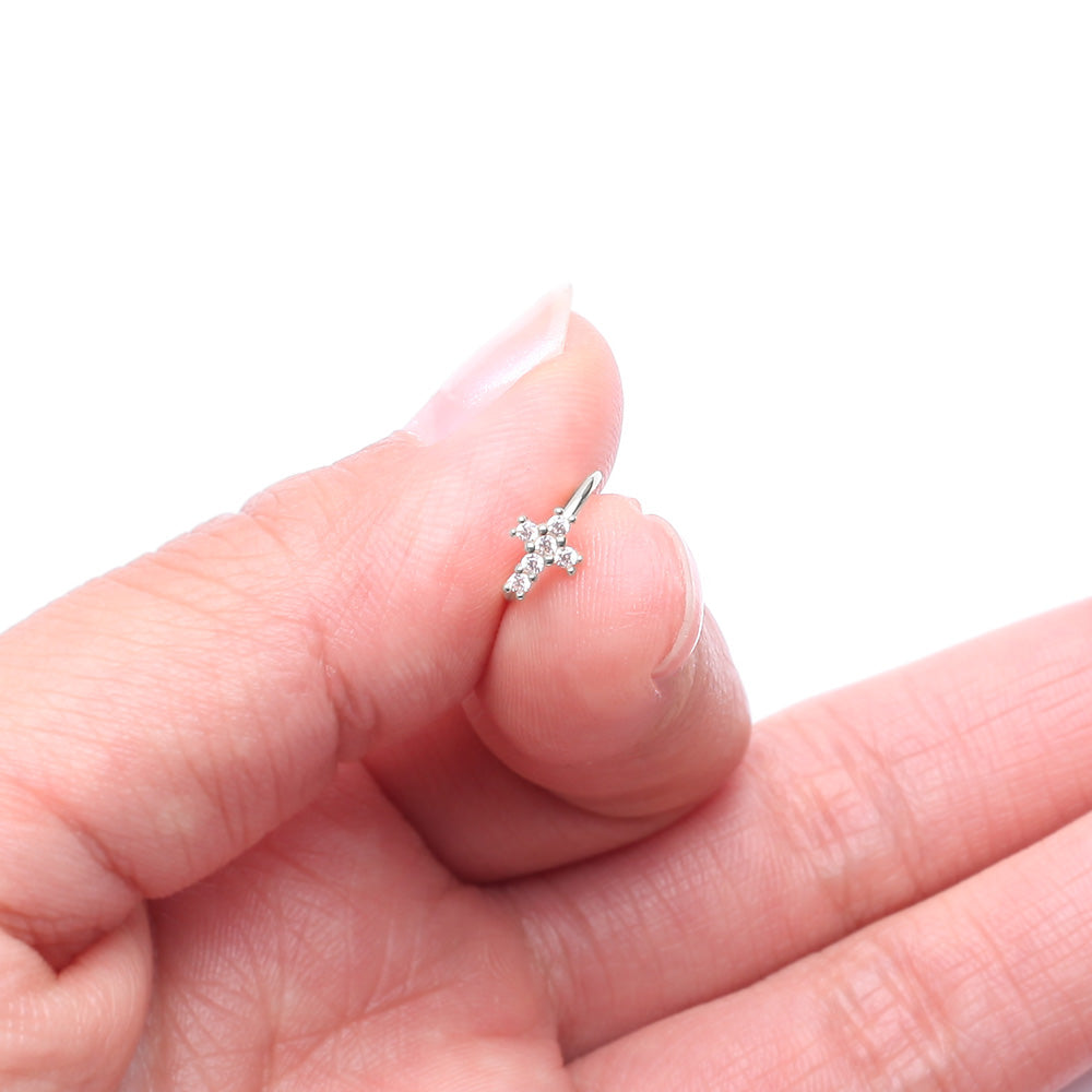 Detail View 3 of 14 Karat White Gold Brilliant Sparkle Cross Bendable Hoop Ring-Clear Gem