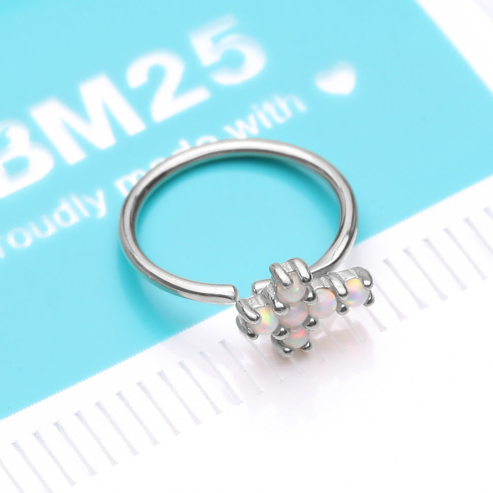 Detail View 4 of 14 Karat White Gold Brilliant Fire Opal Cross Bendable Hoop Ring-White Opal
