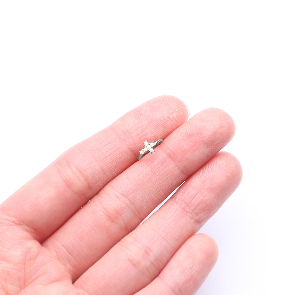 Detail View 2 of 14 Karat White Gold Brilliant Fire Opal Cross Bendable Hoop Ring-White Opal