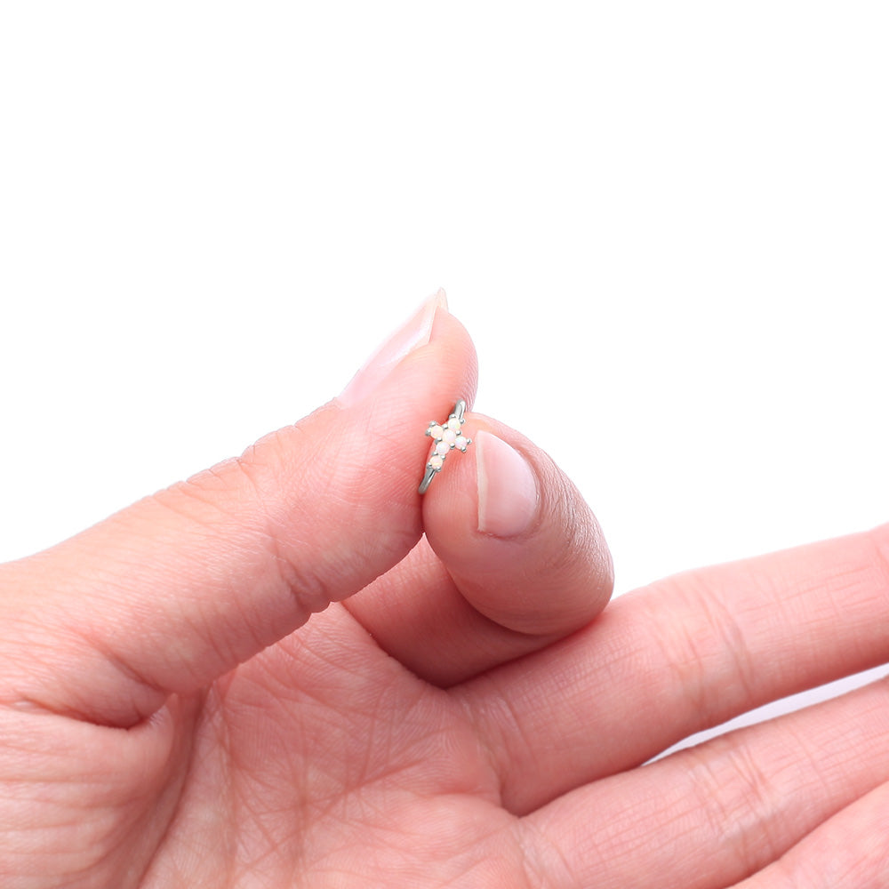 Detail View 3 of 14 Karat White Gold Brilliant Fire Opal Cross Bendable Hoop Ring-White Opal