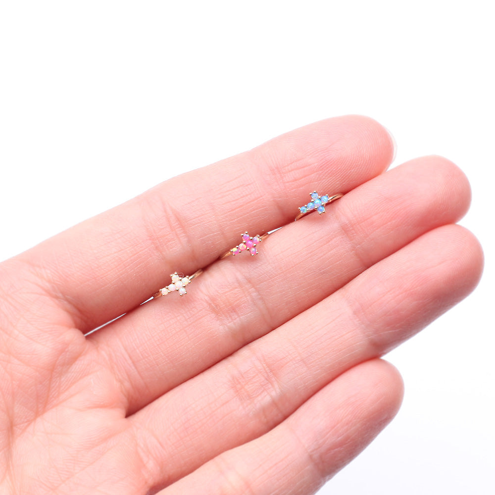 Detail View 3 of 14 Karat Gold Brilliant Fire Opal Cross Bendable Hoop Ring-Blue Opal